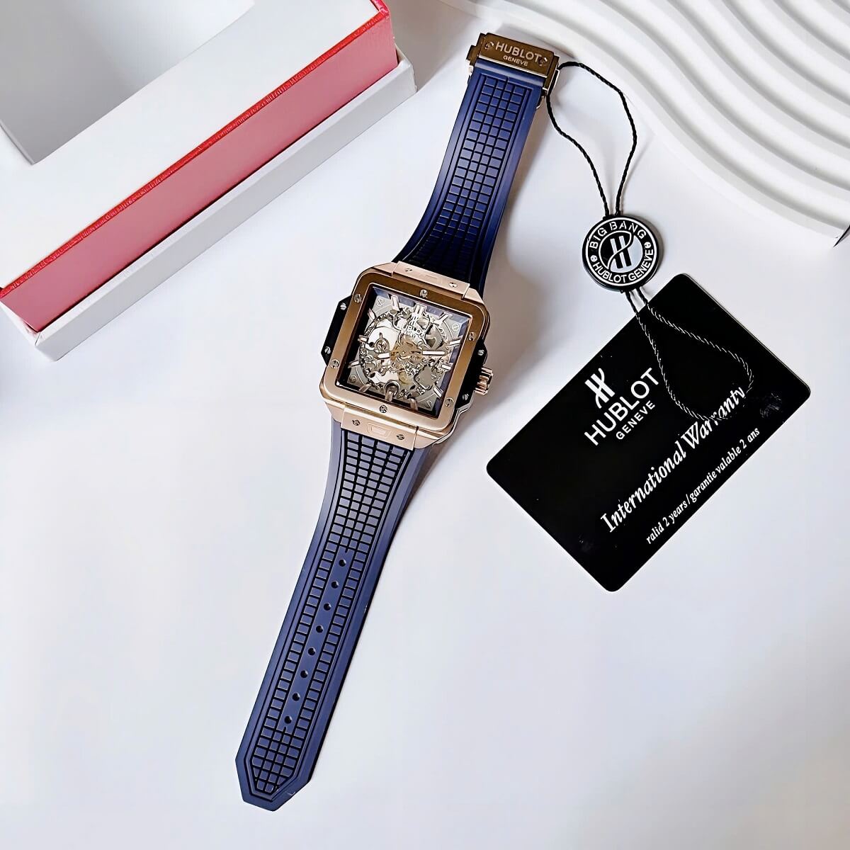 Đồng Hồ Nam Hublot Square Bang Máy Tự Động Dây Silicone Xanh Vỏ Rose 42mm