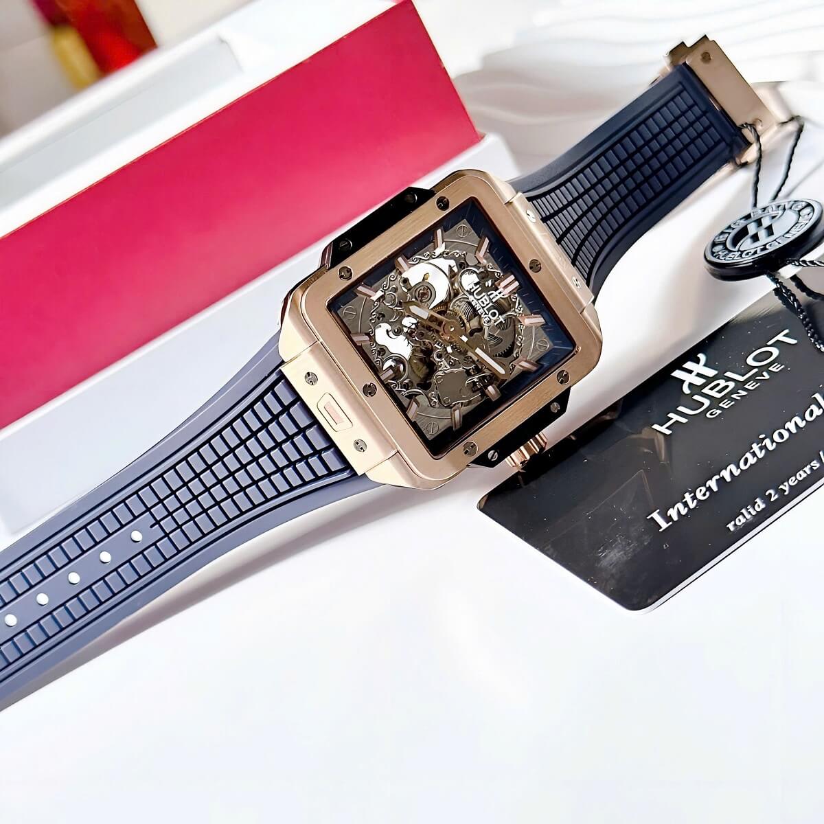 Đồng Hồ Nam Hublot Square Bang Máy Tự Động Dây Silicone Xanh Vỏ Rose 42mm