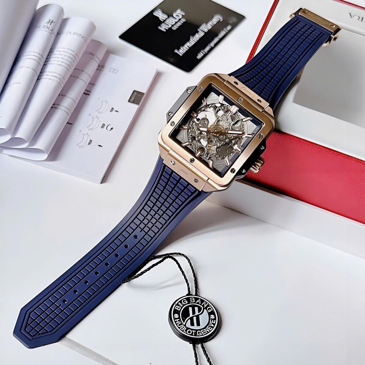 Đồng Hồ Nam Hublot Square Bang Máy Tự Động Dây Silicone Xanh Vỏ Rose 42mm