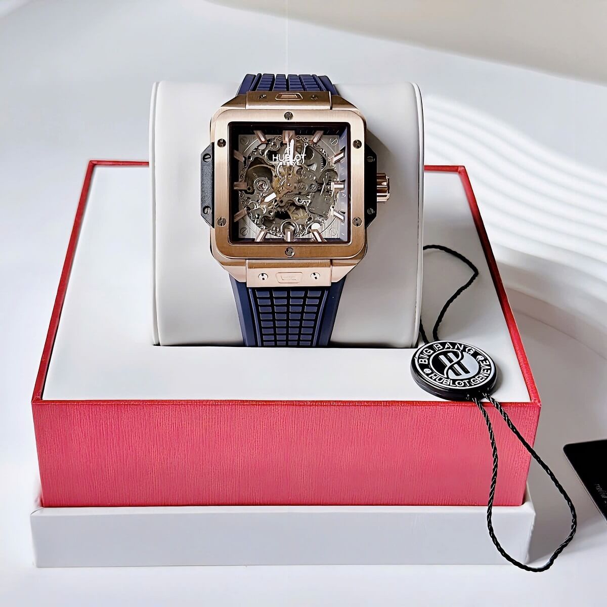 Đồng Hồ Nam Hublot Square Bang Máy Tự Động Dây Silicone Xanh Vỏ Rose 42mm