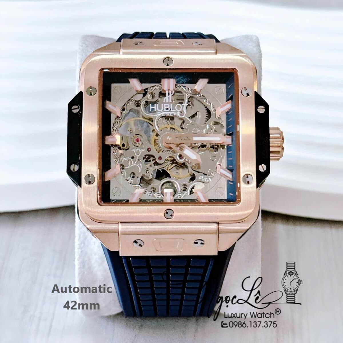 Đồng Hồ Nam Hublot Square Bang Máy Tự Động Dây Silicone Xanh Vỏ Rose 42mm