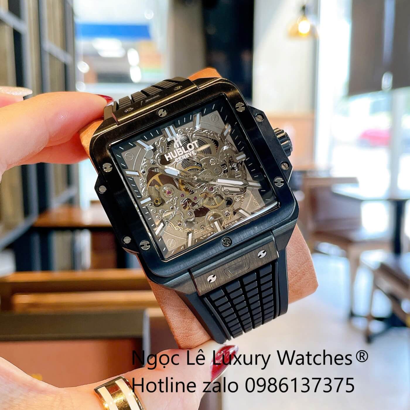 Đồng Hồ Nam Hublot Square Bang Unico Automatic Dây Cao Su Đen Vỏ Thép Đen Size 42mm