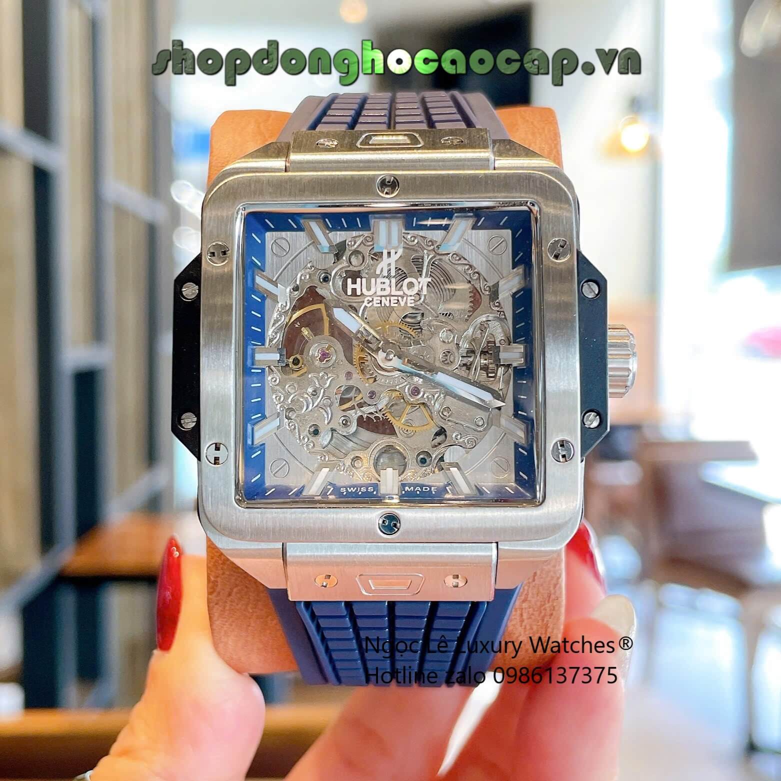 Đồng Hồ Nam Hublot Square Bang Unico Automatic Dây Cao Su Xanh Navy Vỏ Silver Size 42mm