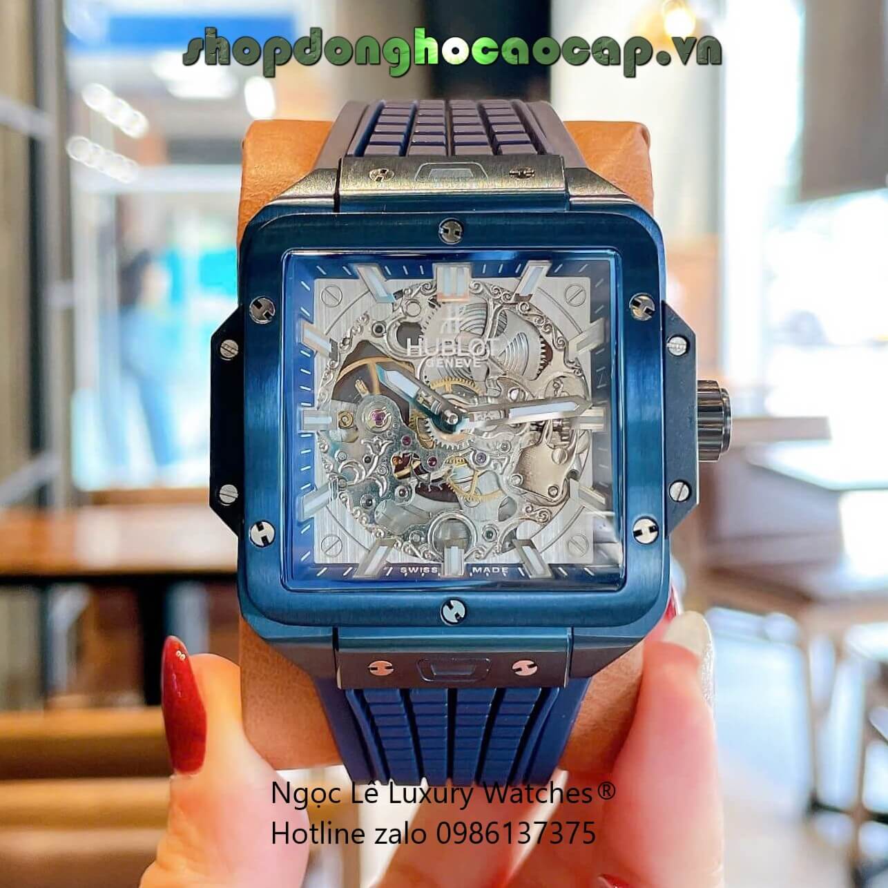 Đồng Hồ Nam Hublot Square Bang Unico Automatic Dây Cao Su Xanh Navy Vỏ Xanh Size 42mm