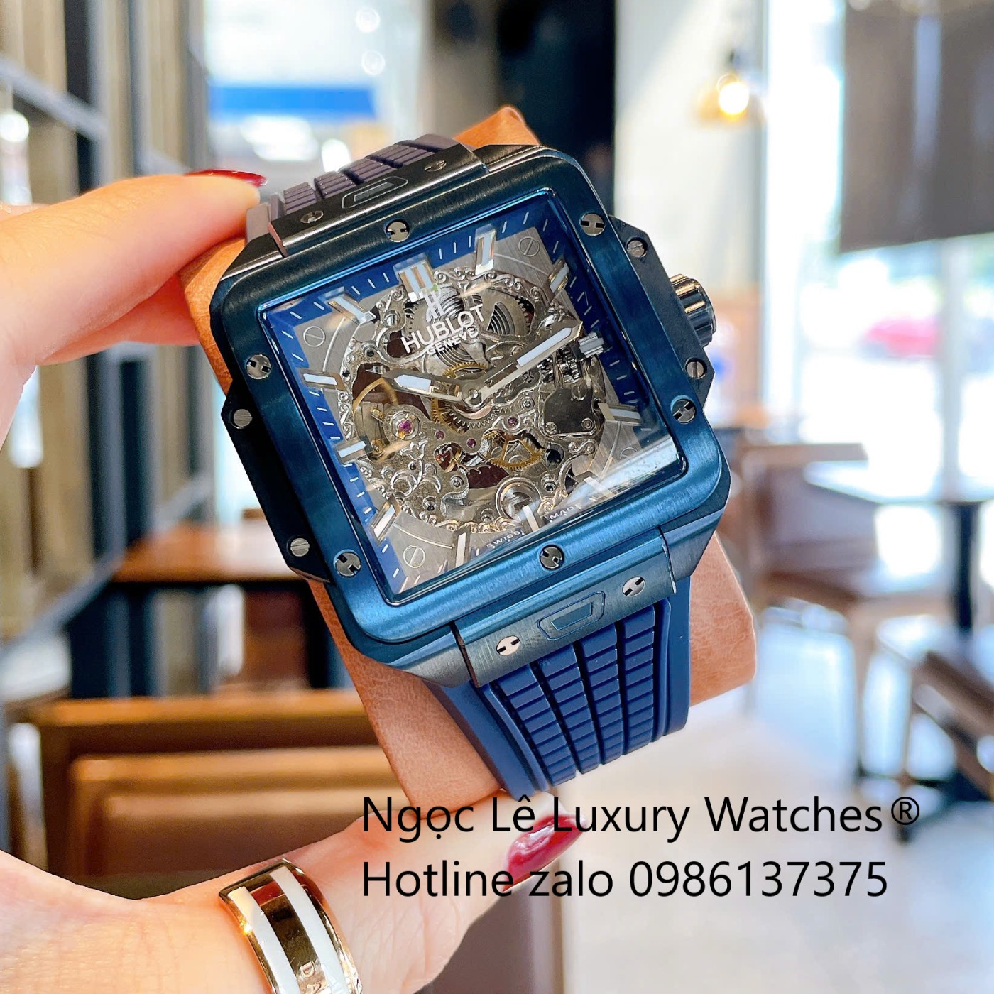 Đồng Hồ Nam Hublot Square Bang Unico Automatic Dây Cao Su Xanh Navy Vỏ Xanh Size 42mm