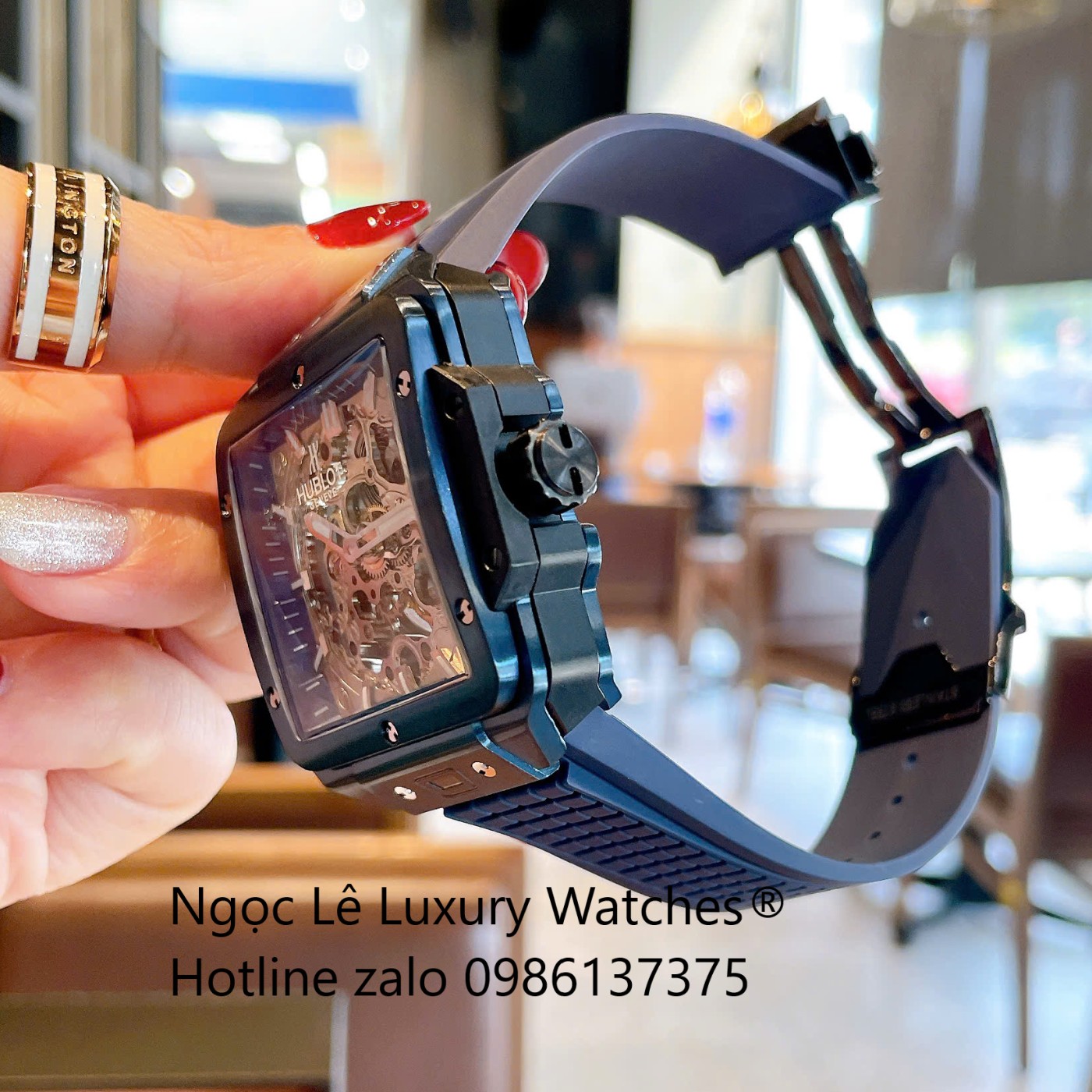 Đồng Hồ Nam Hublot Square Bang Unico Automatic Dây Cao Su Xanh Navy Vỏ Xanh Size 42mm