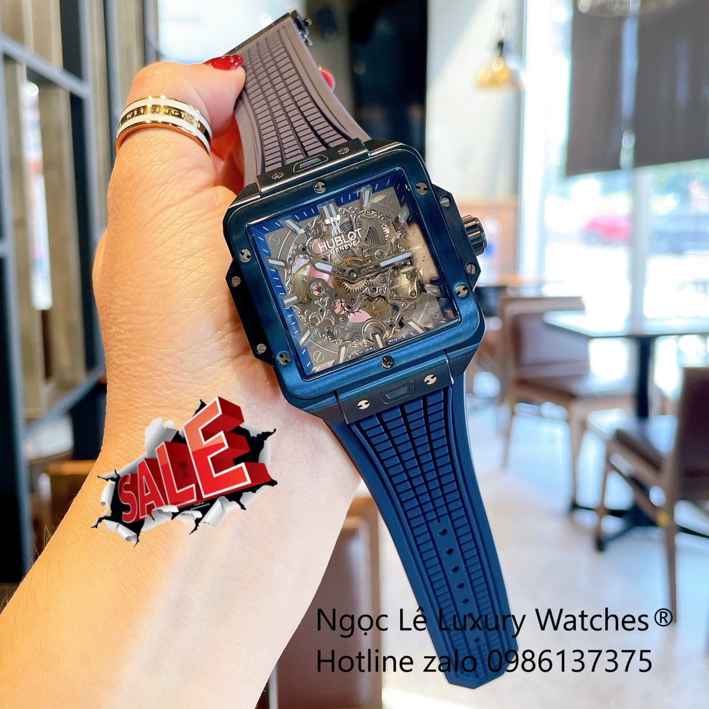 Đồng Hồ Nam Hublot Square Bang Unico Automatic Dây Cao Su Xanh Navy Vỏ Xanh Size 42mm