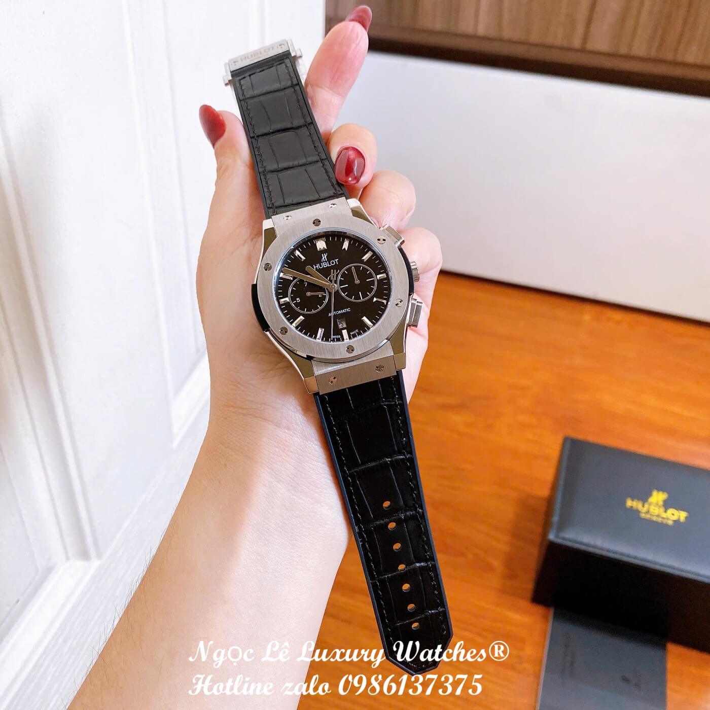 Đồng Hồ Nam Hublot Classic Fusion Automatic Dây Da Đen Mặt Đen Vỏ Thép Silver Size 42mm