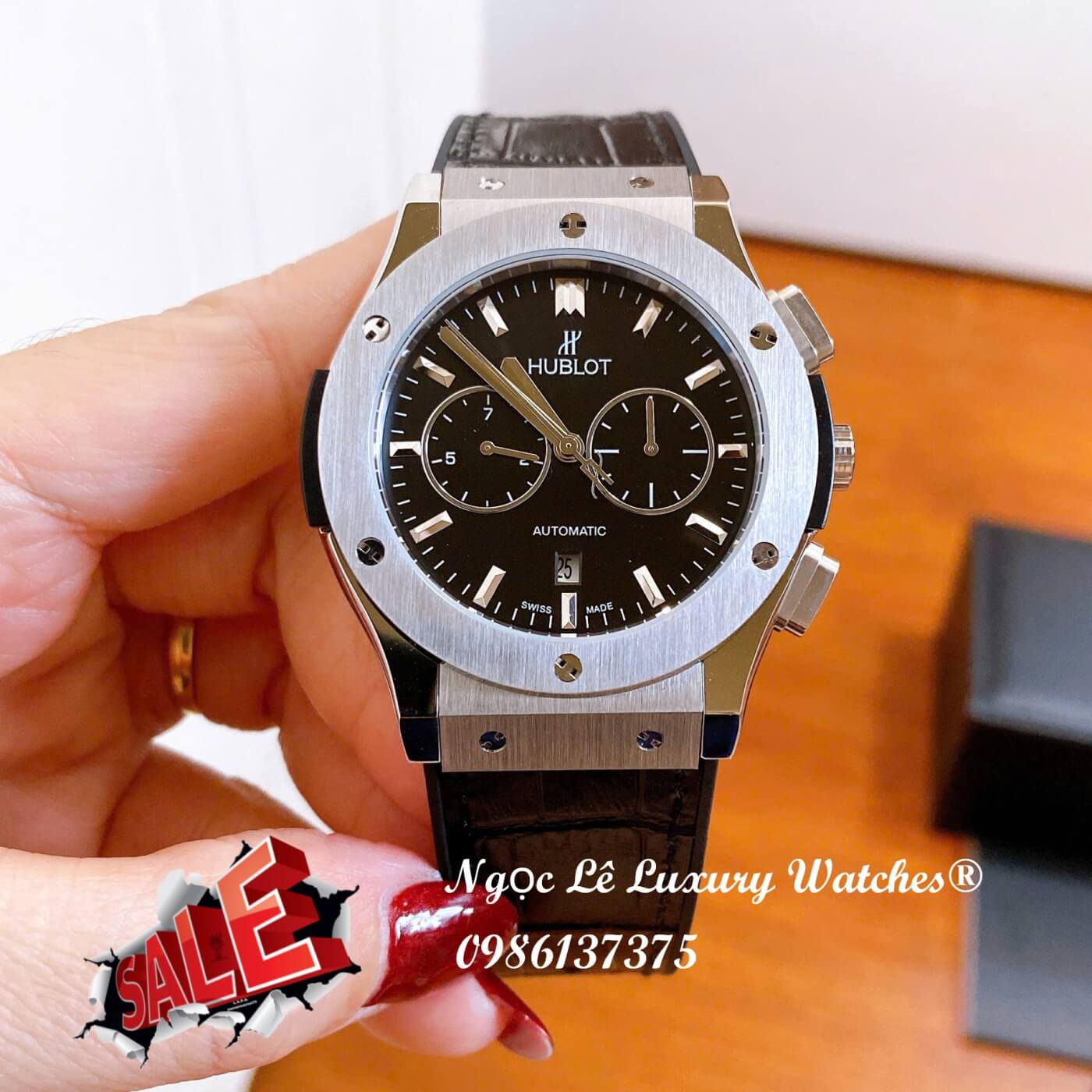 Đồng Hồ Nam Hublot Classic Fusion Automatic Dây Da Đen Mặt Đen Vỏ Thép Silver Size 42mm