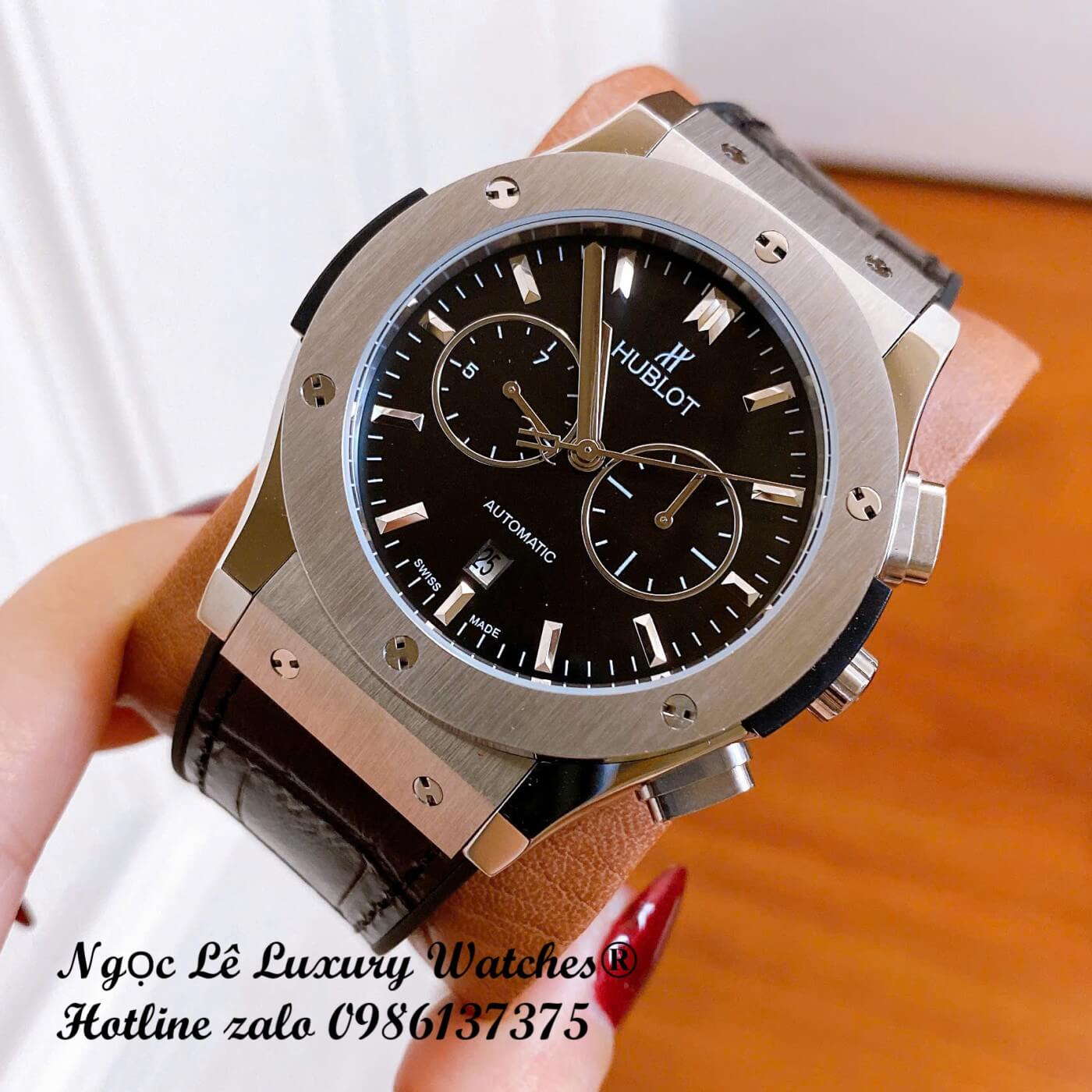 Đồng Hồ Nam Hublot Classic Fusion Automatic Dây Da Đen Mặt Đen Vỏ Thép Silver Size 42mm