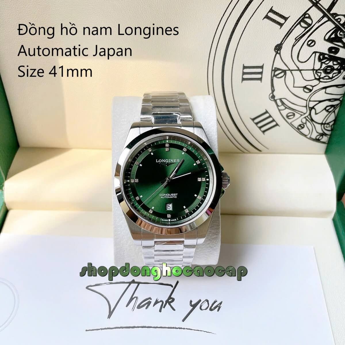Đồng Hồ Nam Longines Conquest Tự Động Inox Sapphire Mặt Xanh Lá Silver 41mm
