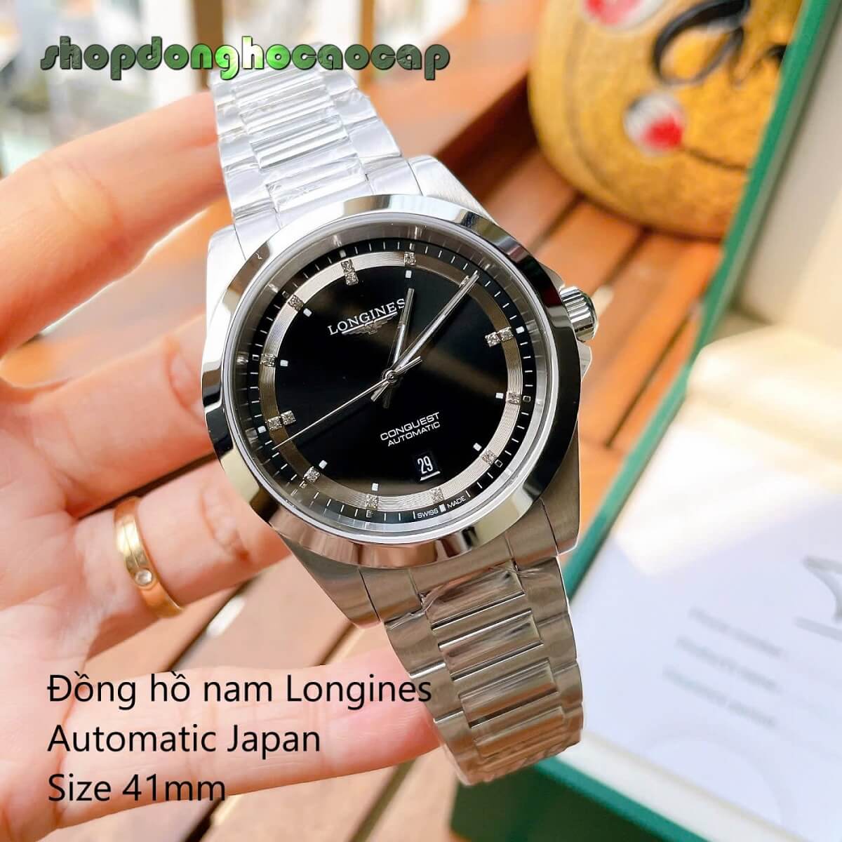 Đồng Hồ Nam Longines Conquest Tự Động Inox Sapphire Mặt Đen Silver 41mm