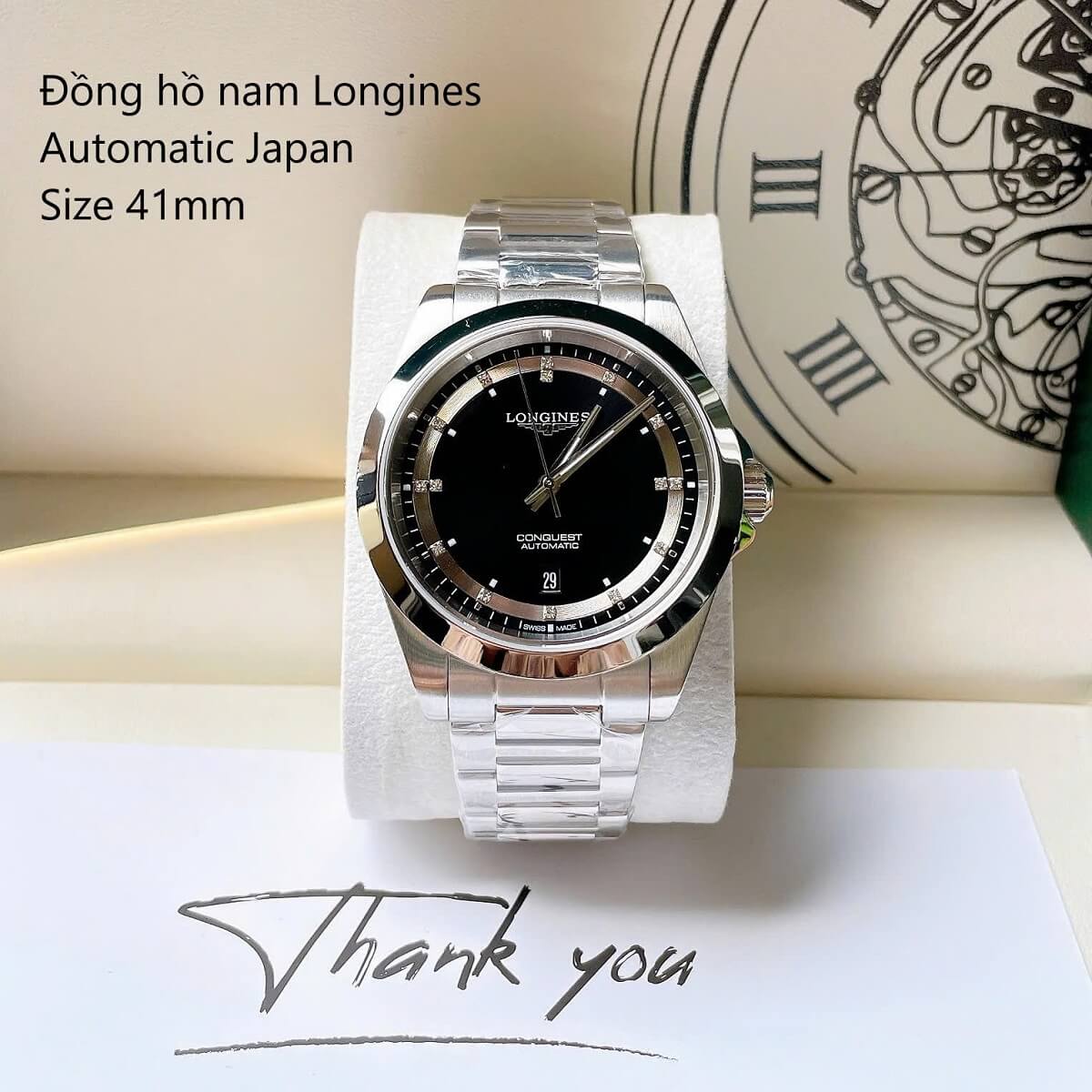 Đồng Hồ Nam Longines Conquest Tự Động Inox Sapphire Mặt Đen Silver 41mm