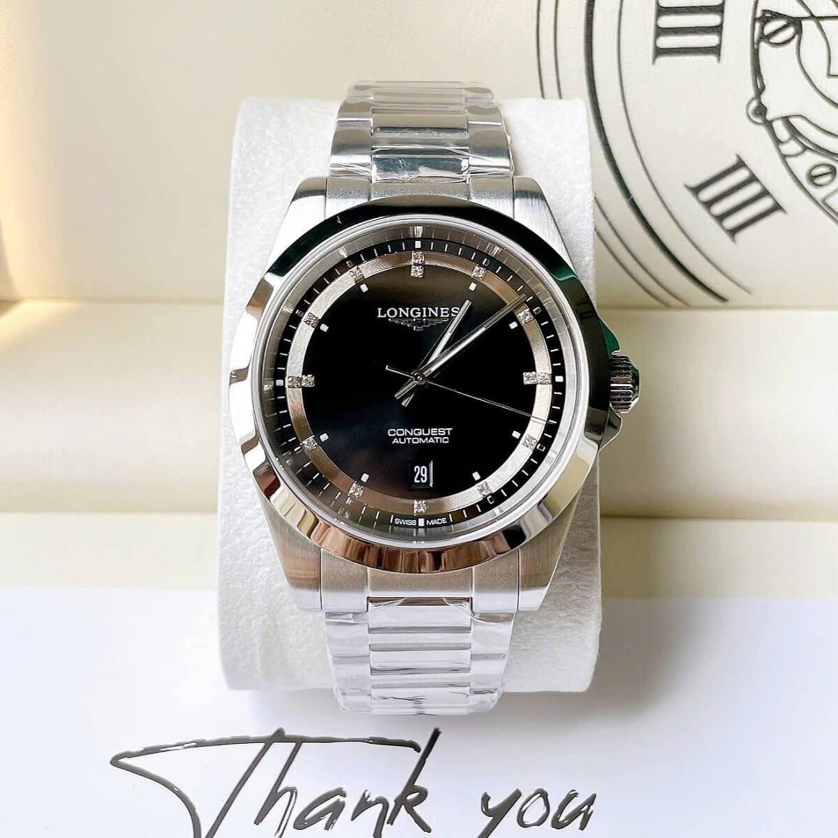 Đồng Hồ Nam Longines Conquest Tự Động Inox Sapphire Mặt Đen Silver 41mm