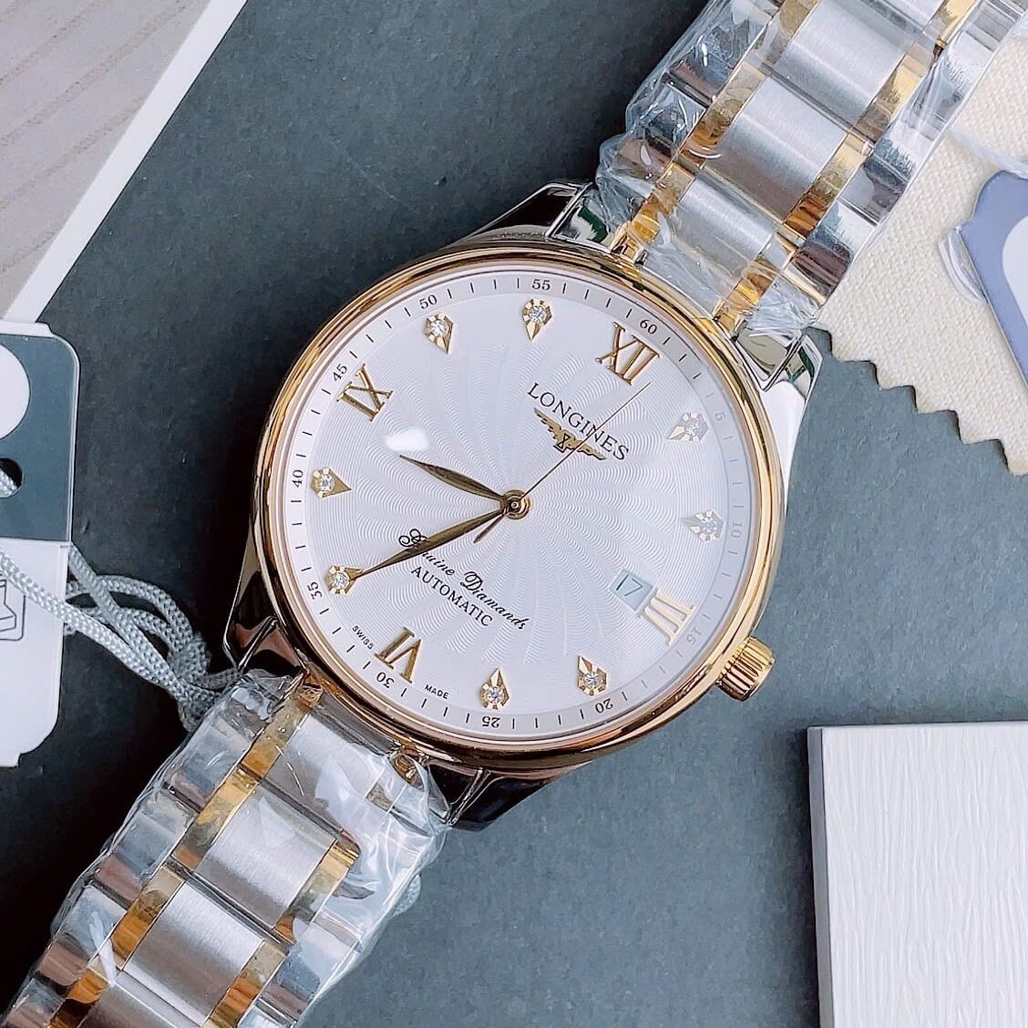 Đồng Hồ Nam Longines Tự Động Size 40mm - Longines Cơ Thụy Sĩ 2836 - Demi Trắng Mặt Diamond