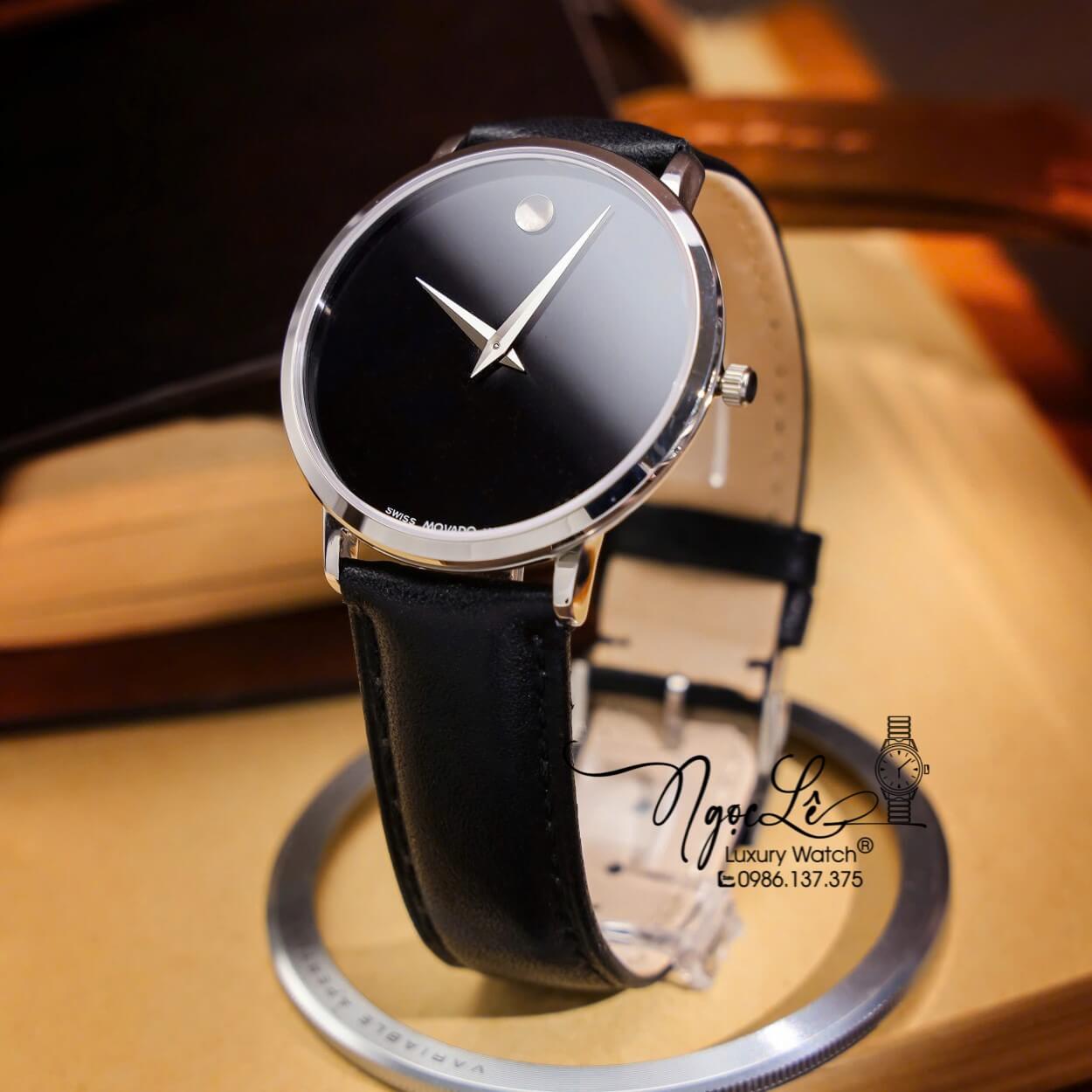 Đồng Hồ Nam Movado Dây Da Đen Vỏ Bạc Cao Cấp Size 40mm Máy Pin