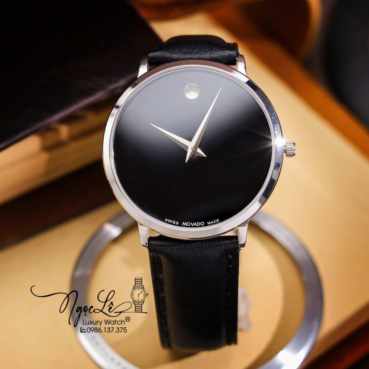 Đồng Hồ Nam Movado Dây Da Đen Vỏ Bạc Cao Cấp Size 40mm Máy Pin