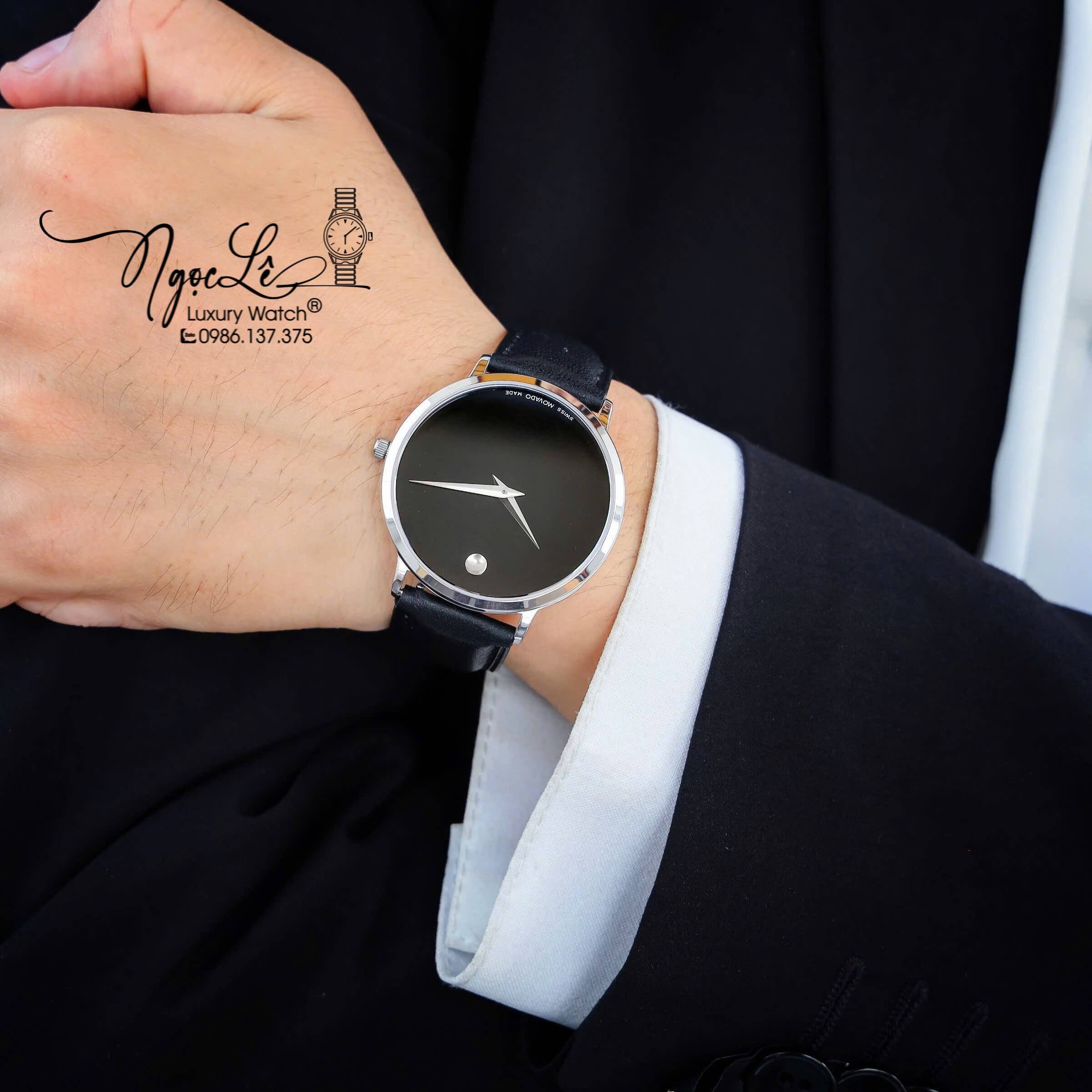 Đồng Hồ Nam Movado Dây Da Đen Vỏ Bạc Cao Cấp Size 40mm Máy Pin