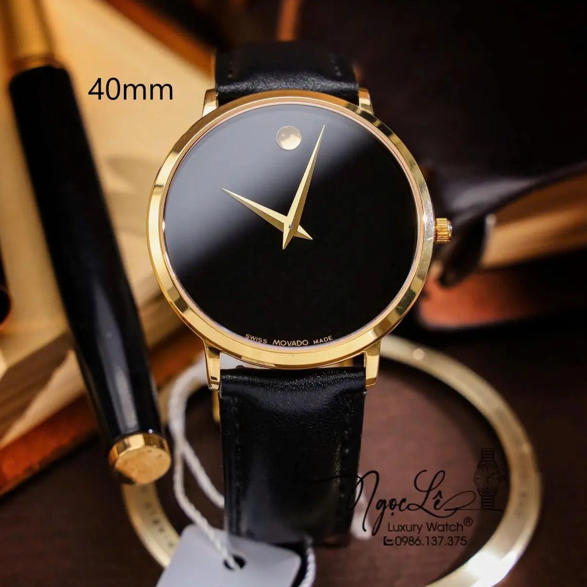 Đồng Hồ Nam Movado Dây Da Đen Vỏ Vàng Cao Cấp Size 40mm Máy Pin