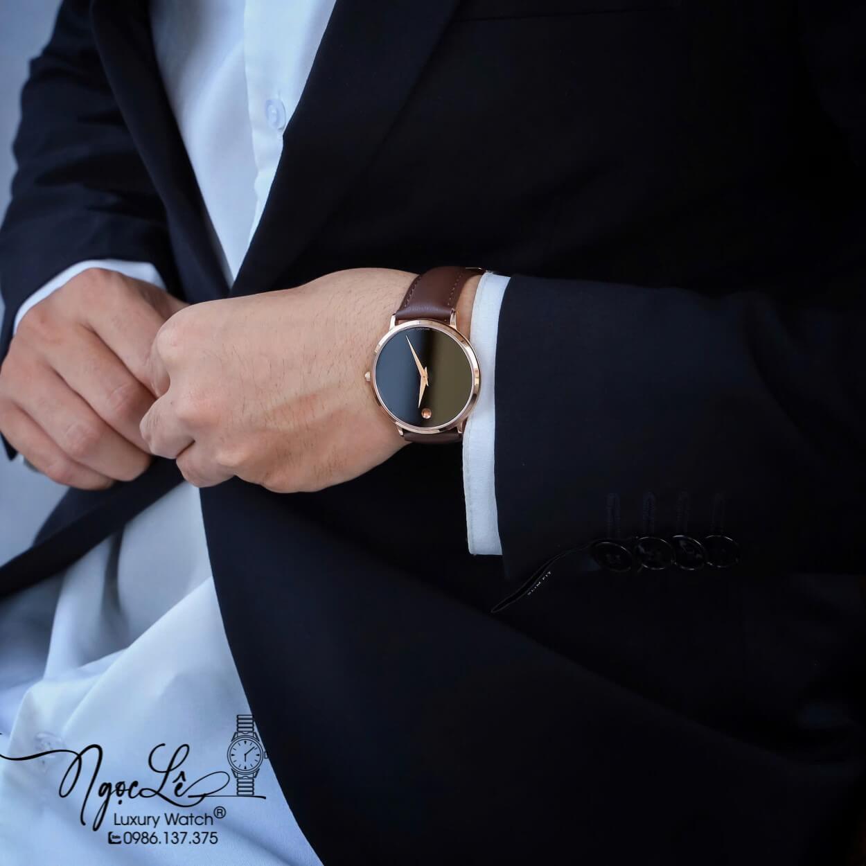 Đồng Hồ Nam Movado Dây Da Nâu Vỏ Rose Cao Cấp Size 40mm Máy Pin