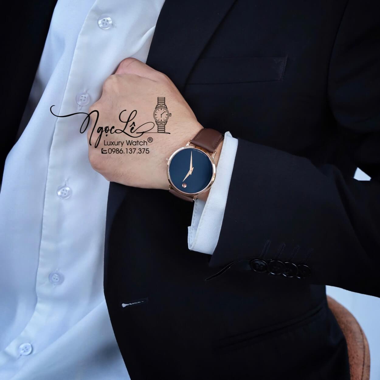 Đồng Hồ Nam Movado Dây Da Nâu Vỏ Rose Cao Cấp Size 40mm Máy Pin