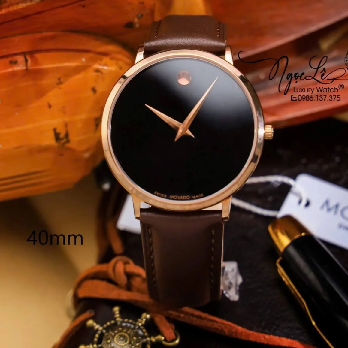 Đồng Hồ Nam Movado Dây Da Nâu Vỏ Rose Cao Cấp Size 40mm Máy Pin