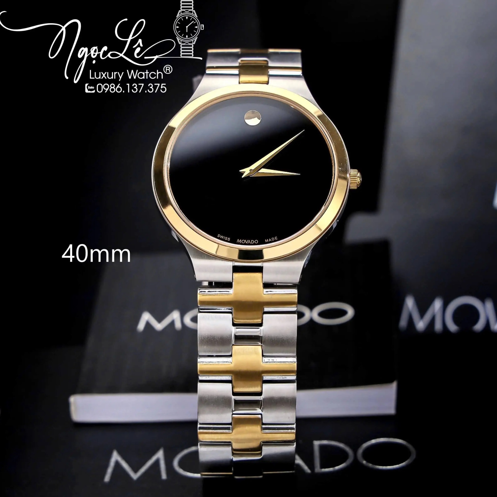 Đồng Hồ Nam Movado Dây Kim Loại Demi Vàng Mặt Đen Cao Cấp Size 40mm Máy Pin