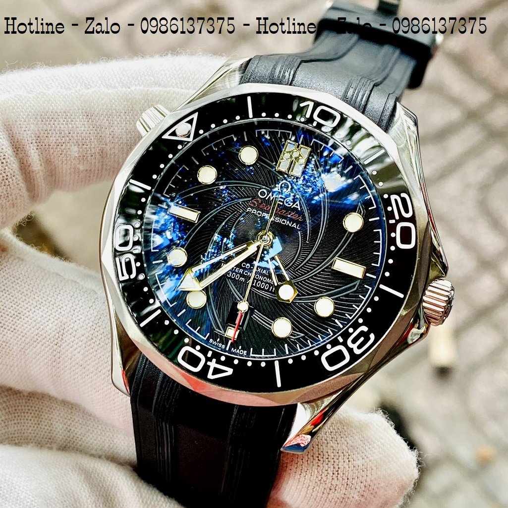 Đồng Hồ Nam Omega Seamaster James Bond 007 Automatic Dây Silicon Đen Mặt Đen 40mm