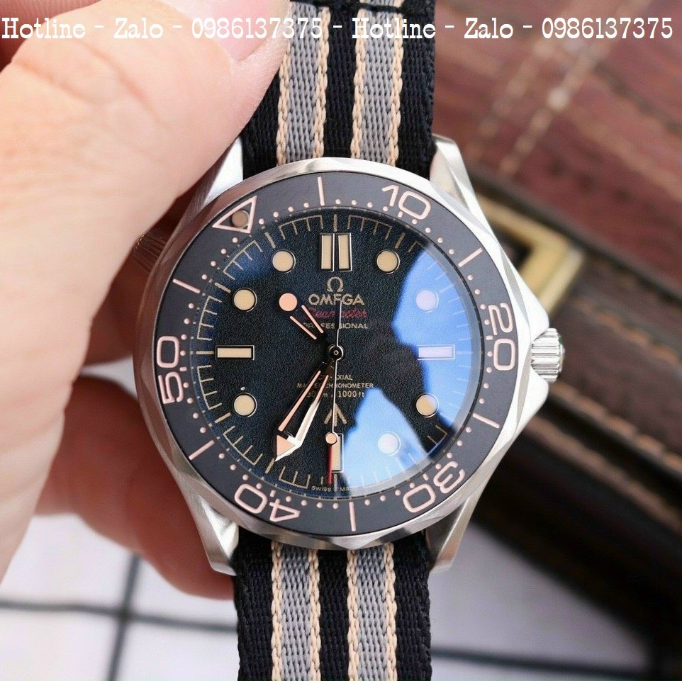 Đồng Hồ Nam OMEGA 007 Dây Nato Mặt Đen Silver 40mm