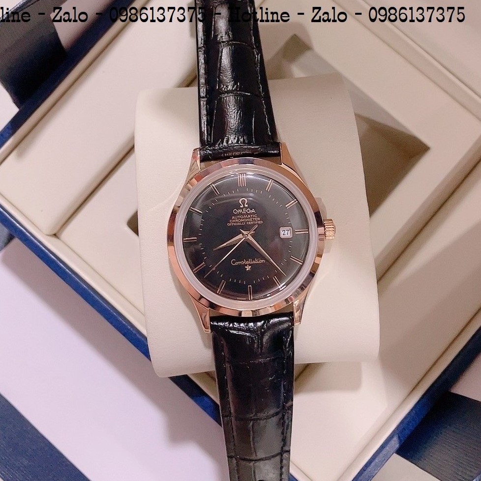 Đồng Hồ Nam OMEGA Automatic Dây Da Đen Mặt Đen Rose Gold 41mm