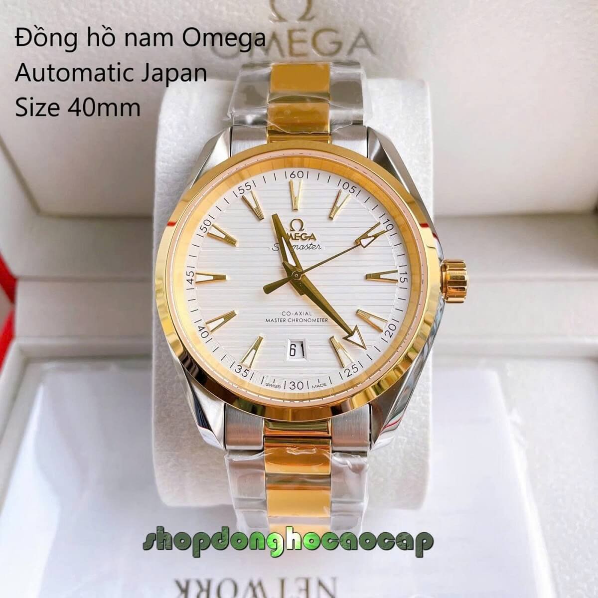 Đồng Hồ Nam Omega Máy Tự Động Nhật 1 Lịch Mặt Trắng Kim Loại Demi Vàng Sapphire Size 40mmm