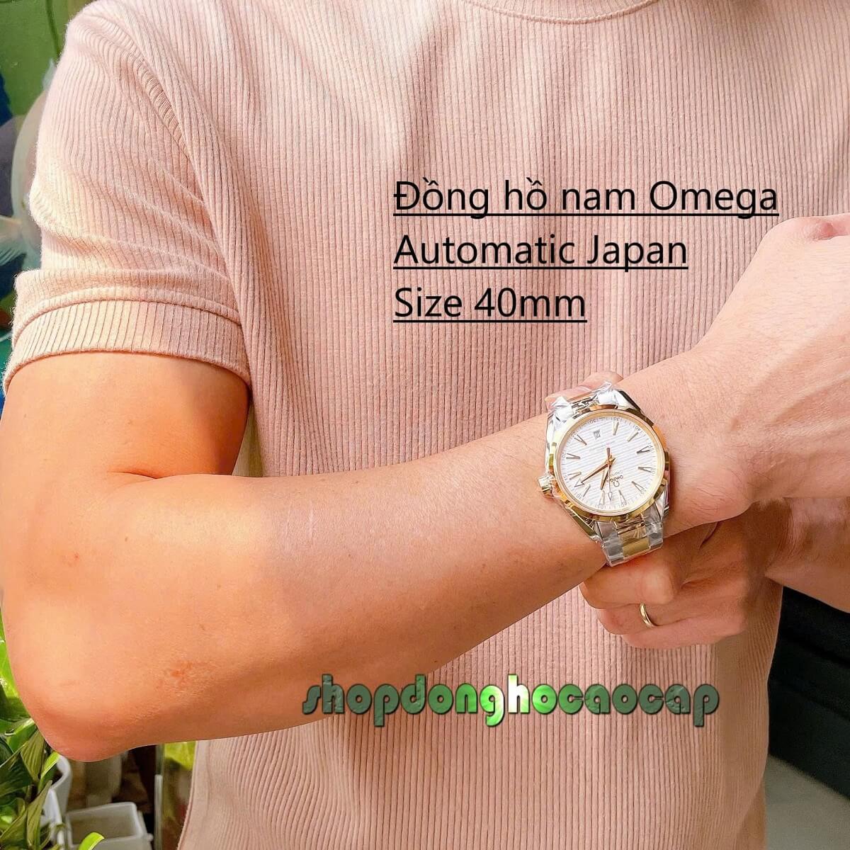 Đồng Hồ Nam Omega Máy Tự Động Nhật 1 Lịch Mặt Trắng Kim Loại Demi Vàng Sapphire Size 40mmm