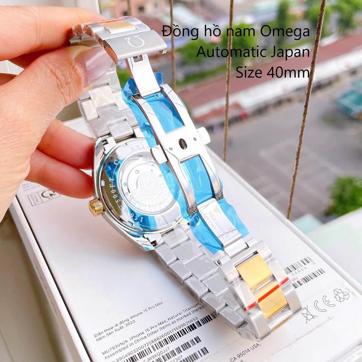 Đồng Hồ Nam Omega Máy Tự Động Nhật 1 Lịch Mặt Trắng Kim Loại Demi Vàng Sapphire Size 40mmm