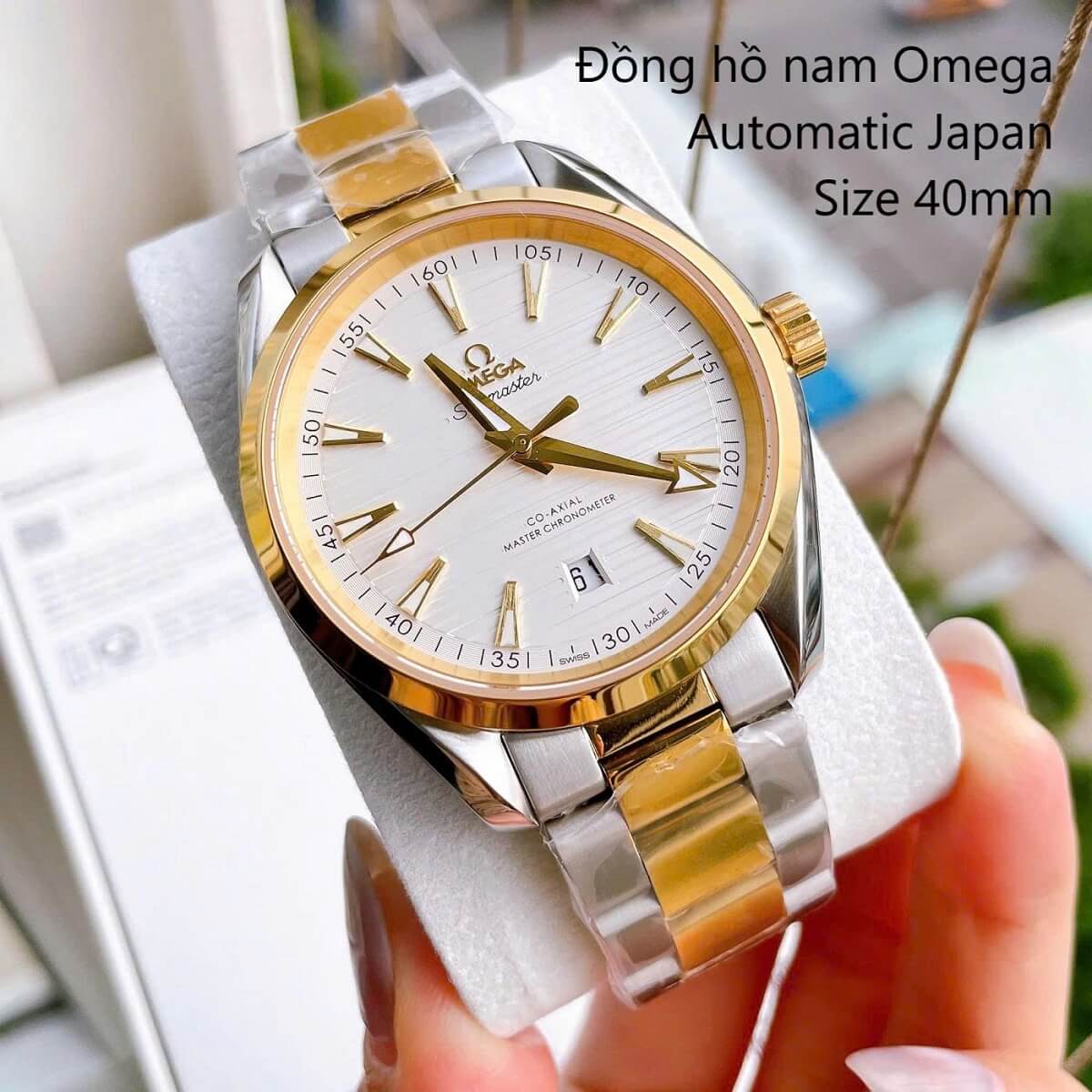Đồng Hồ Nam Omega Máy Tự Động Nhật 1 Lịch Mặt Trắng Kim Loại Demi Vàng Sapphire Size 40mmm