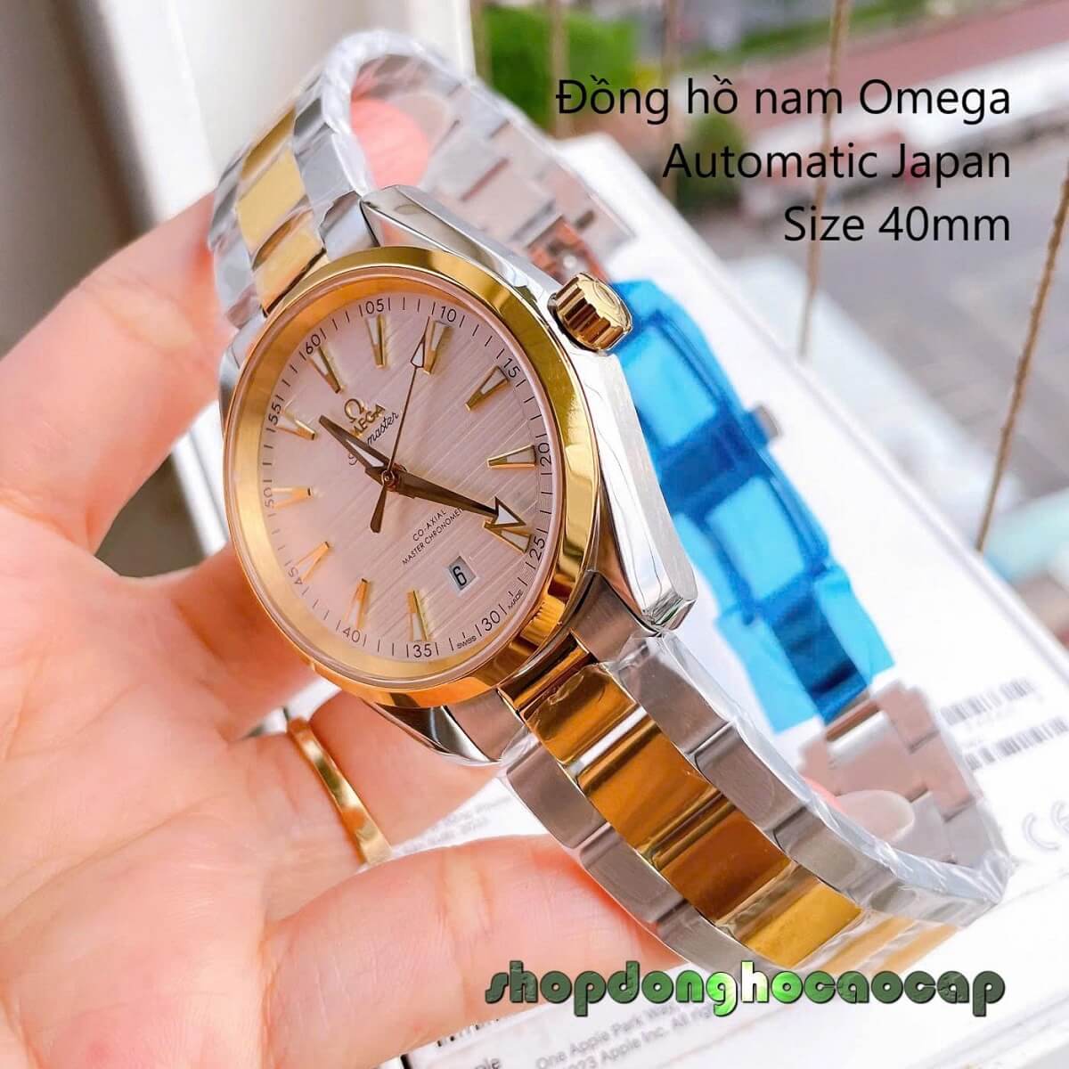 Đồng Hồ Nam Omega Máy Tự Động Nhật 1 Lịch Mặt Trắng Kim Loại Demi Vàng Sapphire Size 40mmm