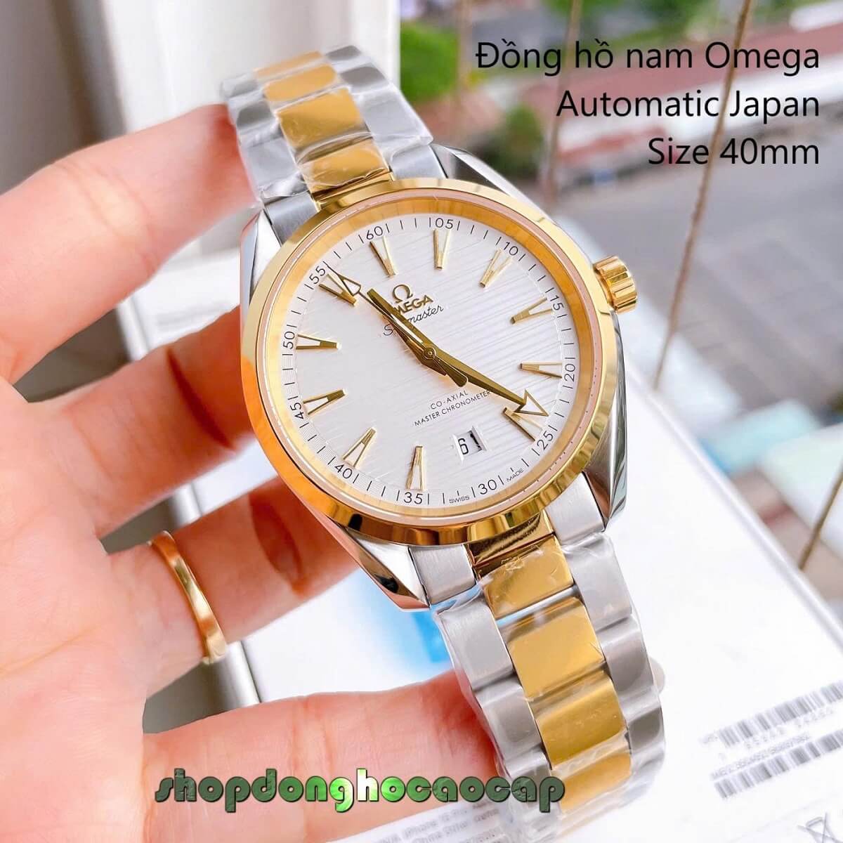 Đồng Hồ Nam Omega Máy Tự Động Nhật 1 Lịch Mặt Trắng Kim Loại Demi Vàng Sapphire Size 40mmm
