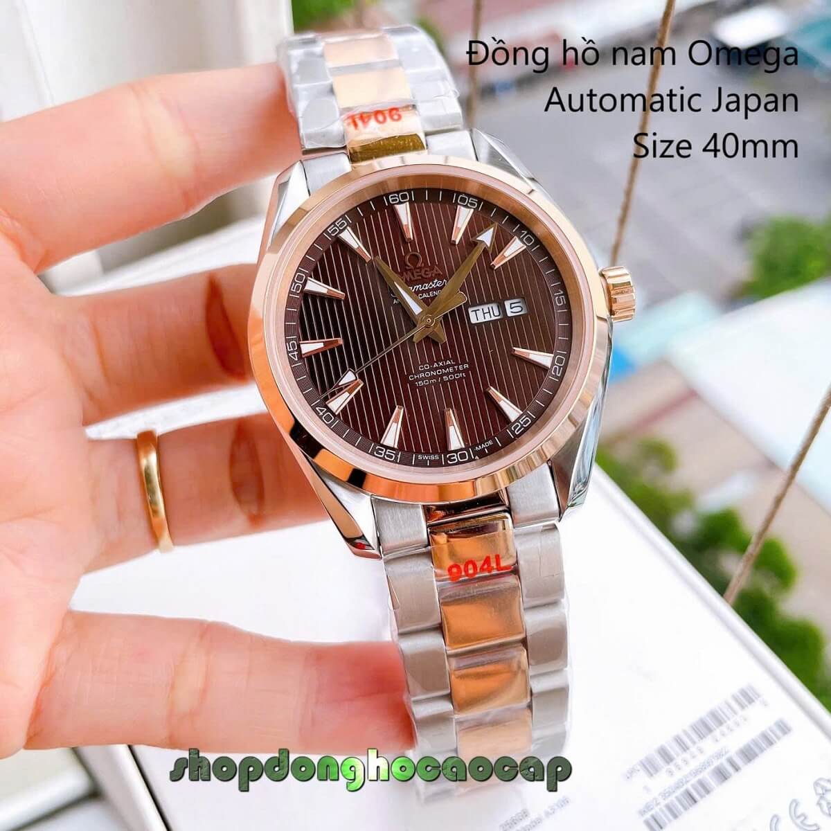 Đồng Hồ Nam Omega Máy Tự Động Nhật 2 Lịch Mặt Nâu Kim Loại Demi Rose Sapphire Size 40mmm