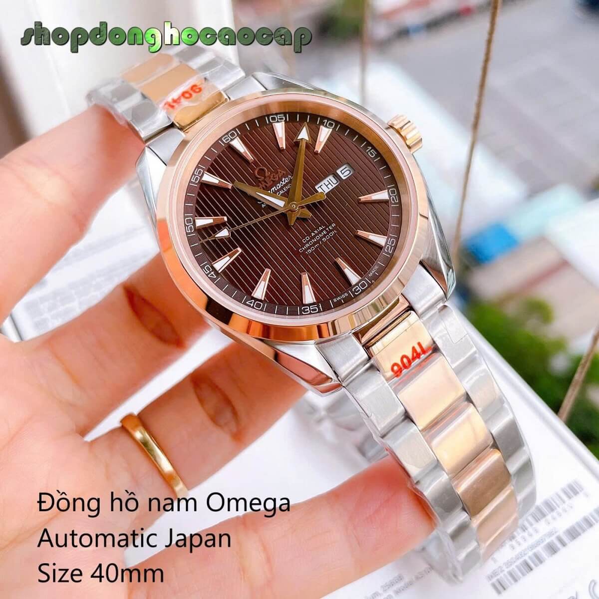 Đồng Hồ Nam Omega Máy Tự Động Nhật 2 Lịch Mặt Nâu Kim Loại Demi Rose Sapphire Size 40mmm