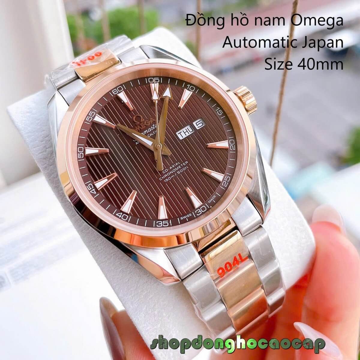 Đồng Hồ Nam Omega Máy Tự Động Nhật 2 Lịch Mặt Nâu Kim Loại Demi Rose Sapphire Size 40mmm