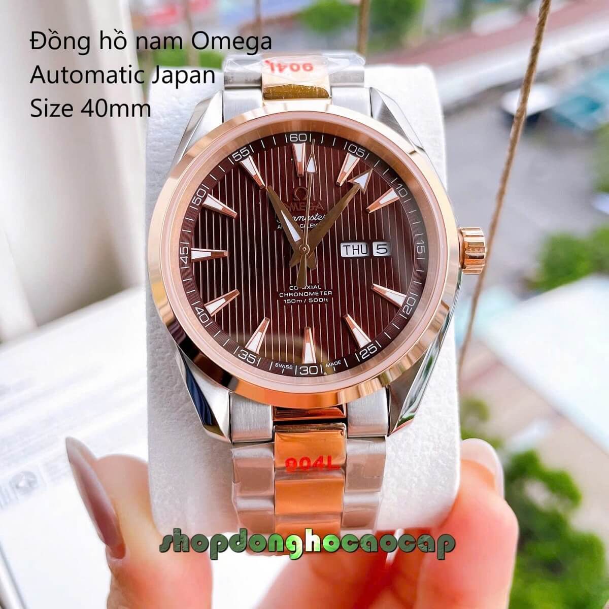 Đồng Hồ Nam Omega Máy Tự Động Nhật 2 Lịch Mặt Nâu Kim Loại Demi Rose Sapphire Size 40mmm