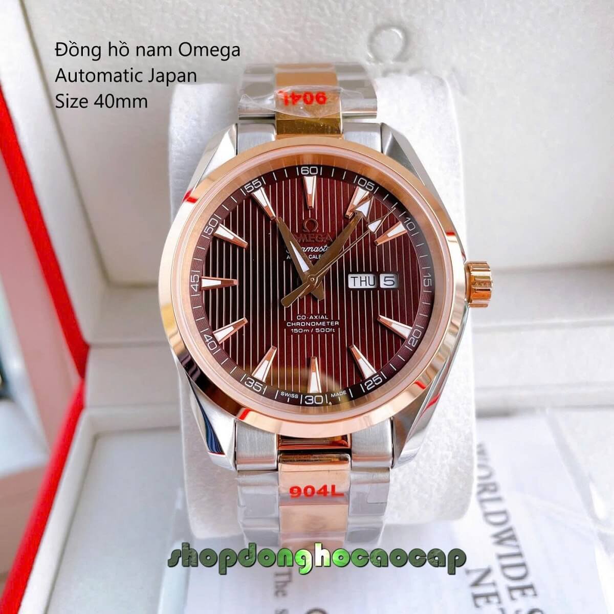 Đồng Hồ Nam Omega Máy Tự Động Nhật 2 Lịch Mặt Nâu Kim Loại Demi Rose Sapphire Size 40mmm