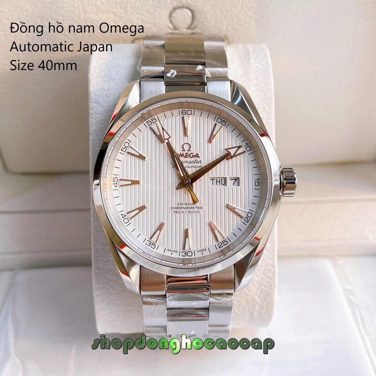 Đồng Hồ Nam Omega Máy Tự Động Nhật Mặt Trắng 2 Lịch Kim Loại Silver Sapphire Size 40mmm