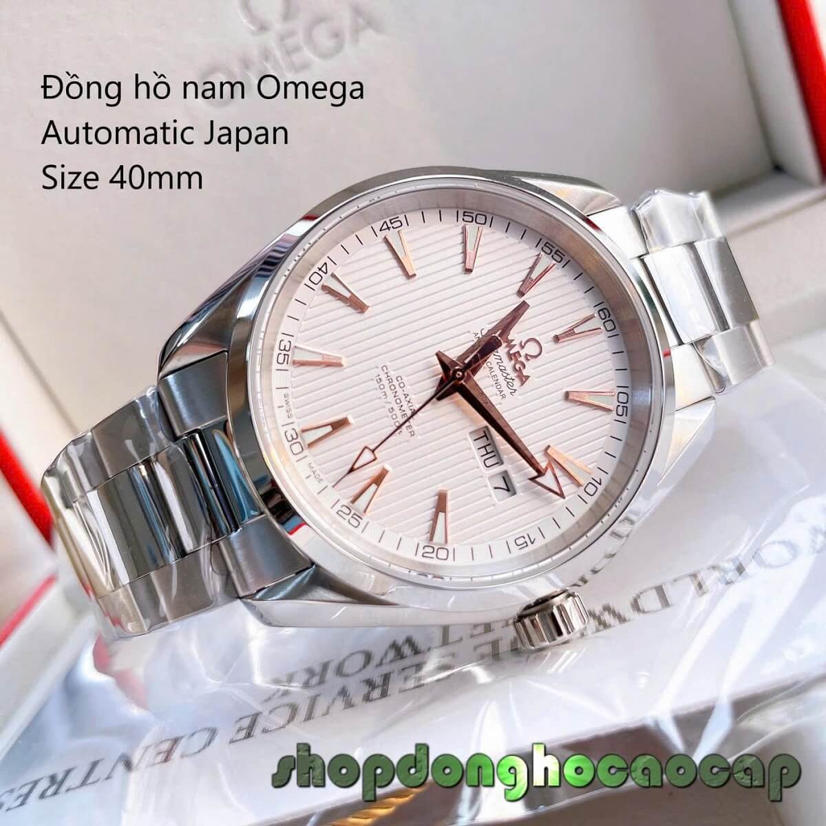 Đồng Hồ Nam Omega Máy Tự Động Nhật Mặt Trắng 2 Lịch Kim Loại Silver Sapphire Size 40mmm