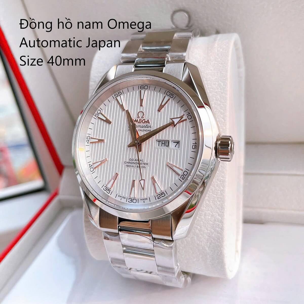 Đồng Hồ Nam Omega Máy Tự Động Nhật Mặt Trắng 2 Lịch Kim Loại Silver Sapphire Size 40mmm