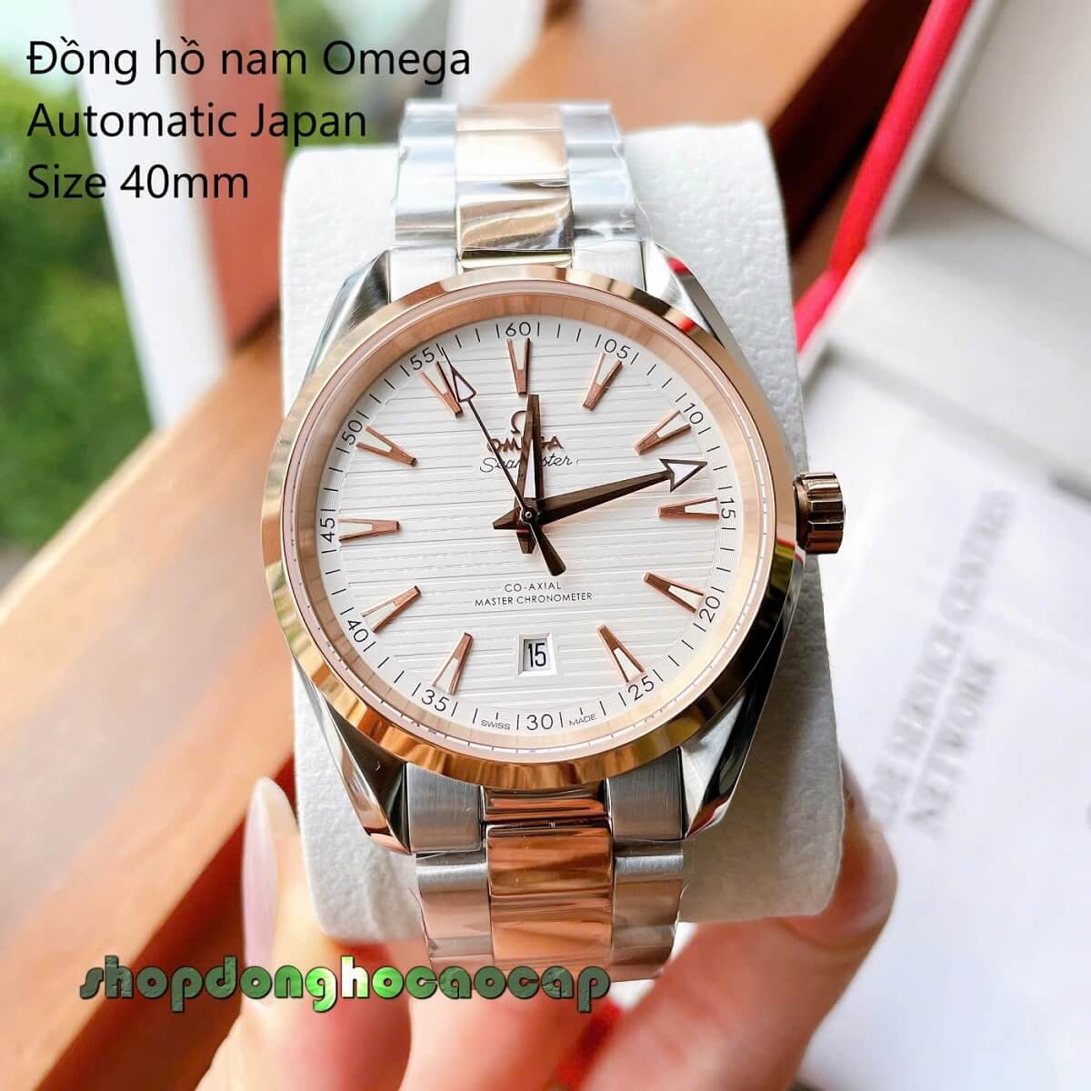 Đồng Hồ Nam Omega Máy Tự Động Nhật Mặt Trắng Kim Loại Demi Rose Sapphire Size 40mmm