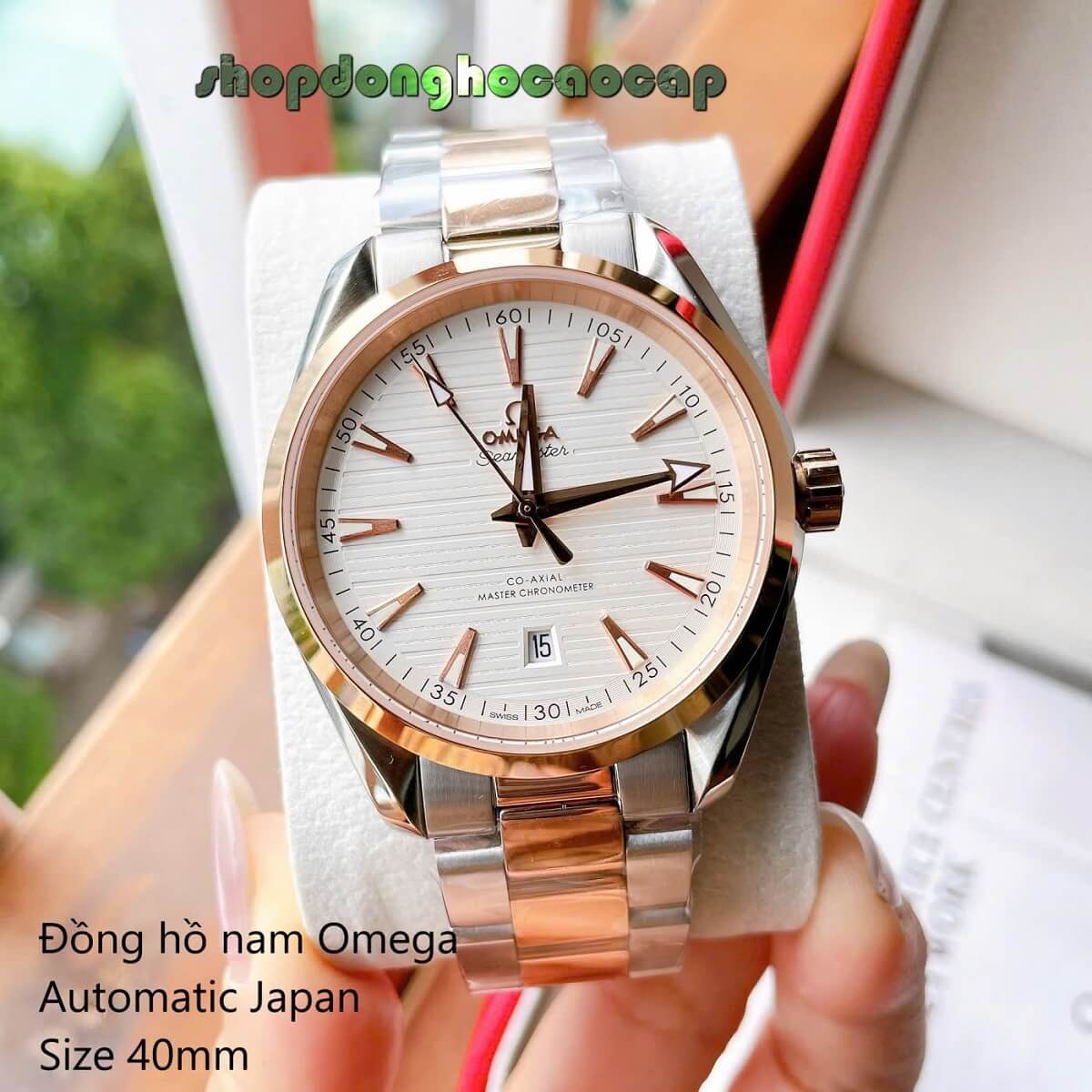 Đồng Hồ Nam Omega Máy Tự Động Nhật Mặt Trắng Kim Loại Demi Rose Sapphire Size 40mmm