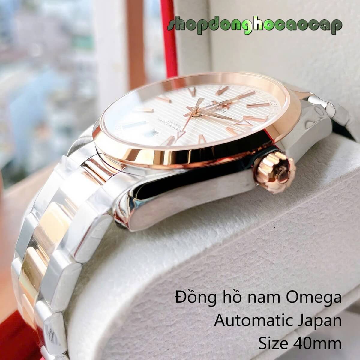 Đồng Hồ Nam Omega Máy Tự Động Nhật Mặt Trắng Kim Loại Demi Rose Sapphire Size 40mmm