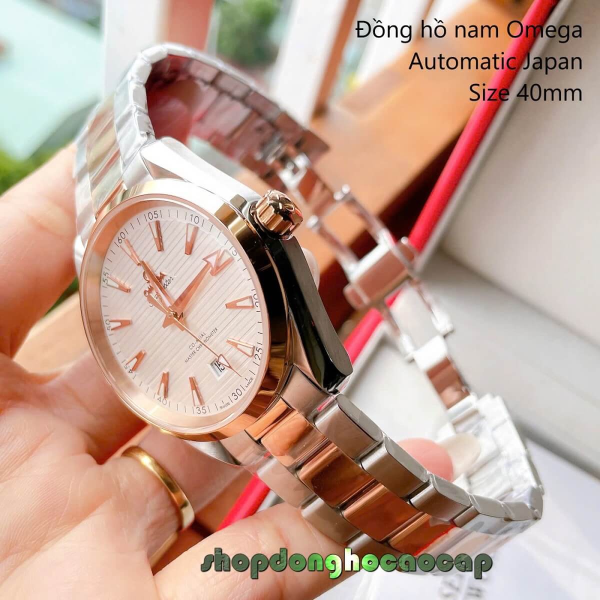 Đồng Hồ Nam Omega Máy Tự Động Nhật Mặt Trắng Kim Loại Demi Rose Sapphire Size 40mmm