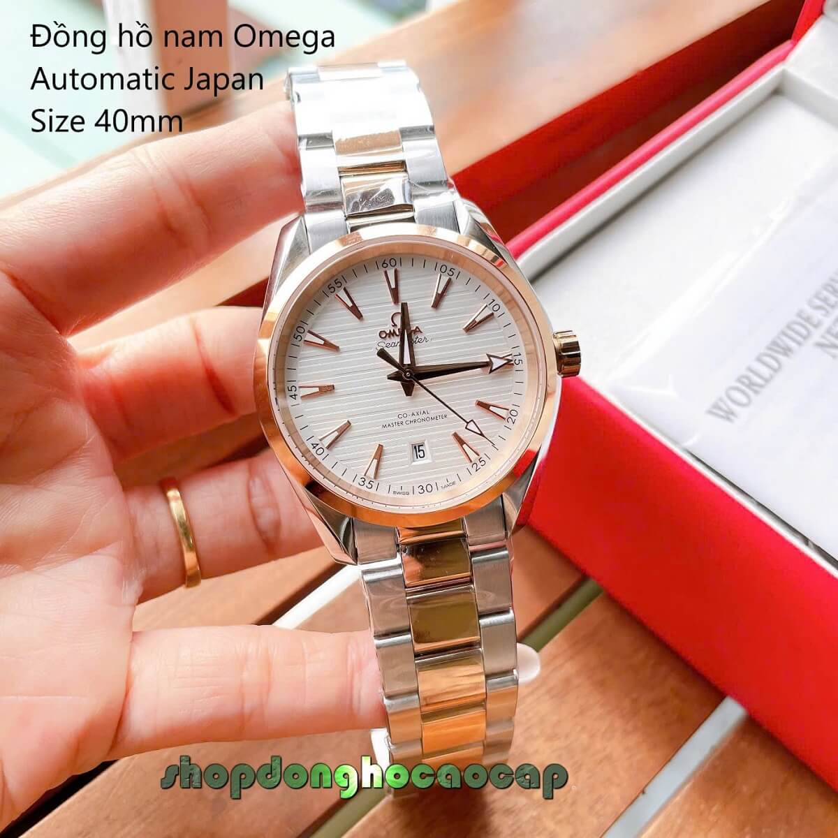 Đồng Hồ Nam Omega Máy Tự Động Nhật Mặt Trắng Kim Loại Demi Rose Sapphire Size 40mmm