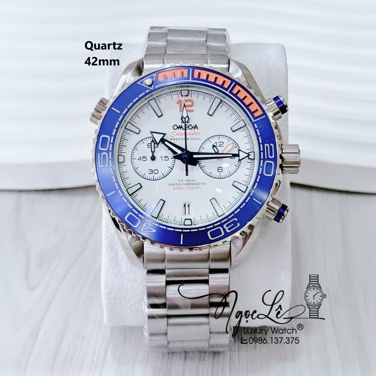 Đồng Hồ Nam Omega Quartz Dây Kim Loại 5 Kim - Màu Bạc Mặt Trắng Viền Xanh Size 42mm